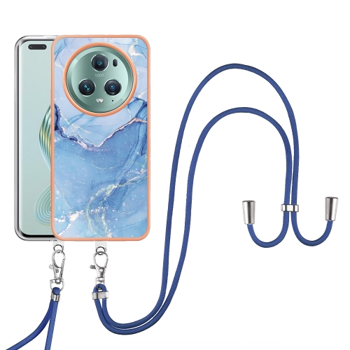 

For Honor Magic5 Pro Electroplating Marble Dual-side IMD Phone Case with Lanyard(Blue 018)