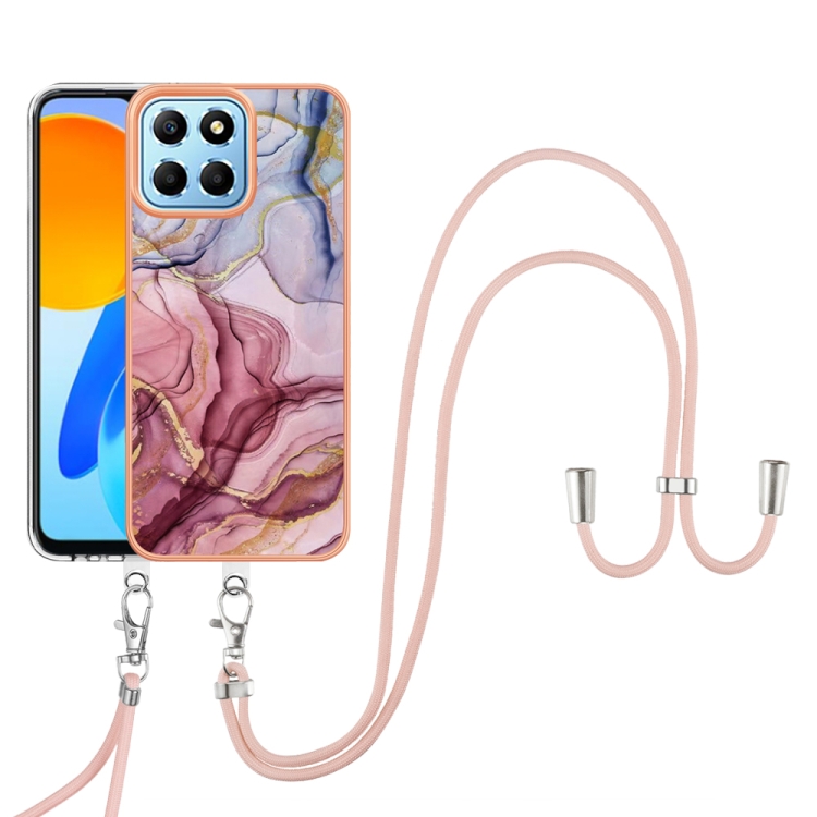 

For Honor X8 5G Electroplating Marble Dual-side IMD Phone Case with Lanyard(Rose Red 014)