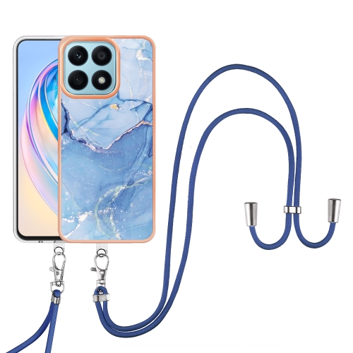 

For Honor X8a Electroplating Marble Dual-side IMD Phone Case with Lanyard(Blue 018)