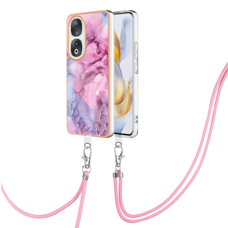 

For Honor 90 5G Electroplating Marble Dual-side IMD Phone Case with Lanyard(Pink 013)