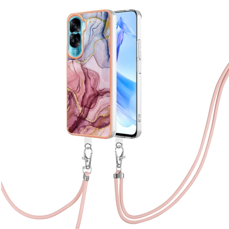 

For Honor 90 Lite 5G Electroplating Marble Dual-side IMD Phone Case with Lanyard(Rose Red 014)