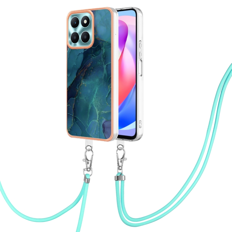 

For Honor X6a Electroplating Marble Dual-side IMD Phone Case with Lanyard(Green 017)