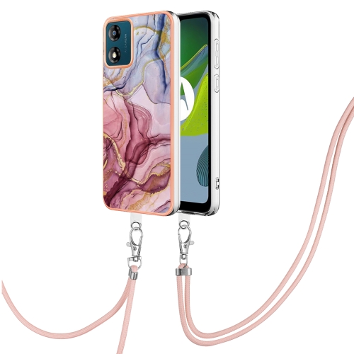 

For Motorola Moto E13 Electroplating Marble Dual-side IMD Phone Case with Lanyard(Rose Red 014)