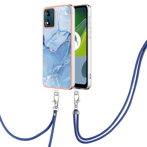 

For Motorola Moto E13 Electroplating Marble Dual-side IMD Phone Case with Lanyard(Blue 018)