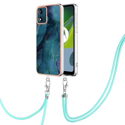 

For Motorola Moto E13 Electroplating Marble Dual-side IMD Phone Case with Lanyard(Green 017)
