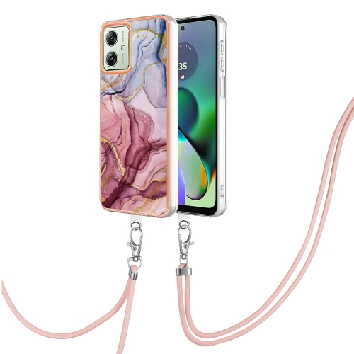 For Motorola Moto G54 Electroplating Marble Dual-side IMD Phone Case with Lanyard(Rose Red 014) for motorola moto g04 4g g24 4g electroplating marble dual side imd phone case smile