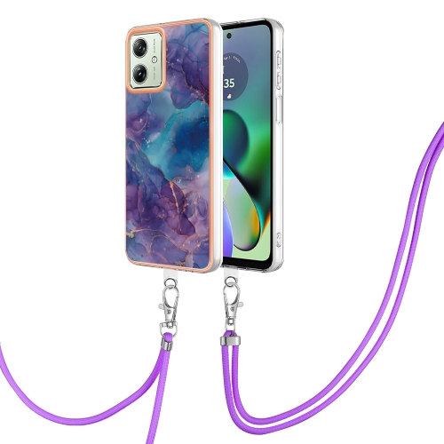 

For Motorola Moto G54 Electroplating Marble Dual-side IMD Phone Case with Lanyard(Purple 016)
