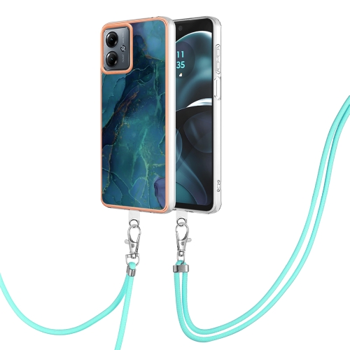 

For Motorola Moto G14 Electroplating Marble Dual-side IMD Phone Case with Lanyard(Green 017)