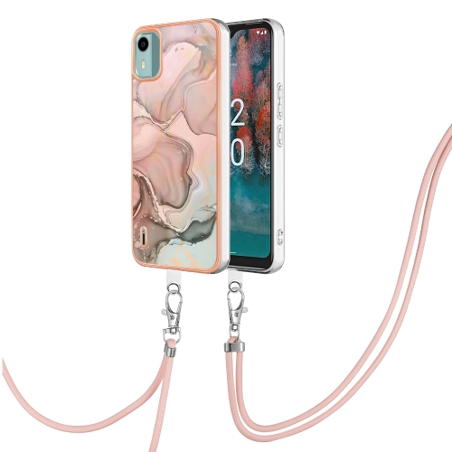 

For Nokia C12 Electroplating Marble Dual-side IMD Phone Case with Lanyard(Rose Gold 015)