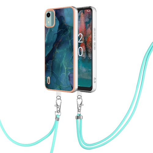 

For Nokia C12 Electroplating Marble Dual-side IMD Phone Case with Lanyard(Green 017)