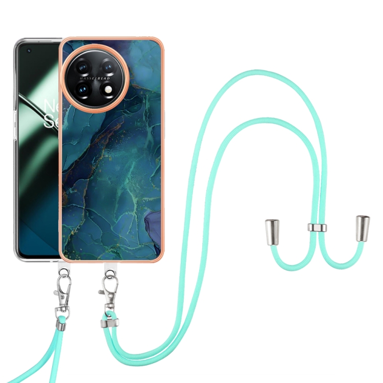 

For OnePlus 11 Electroplating Marble Dual-side IMD Phone Case with Lanyard(Green 017)