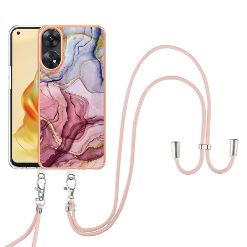 

For OPPO Reno8 T 4G Electroplating Marble Dual-side IMD Phone Case with Lanyard(Rose Red 014)