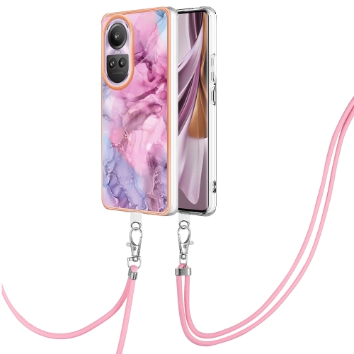 

For OPPO Reno10 Pro 5G Global Electroplating Marble Dual-side IMD Phone Case with Lanyard(Pink 013)