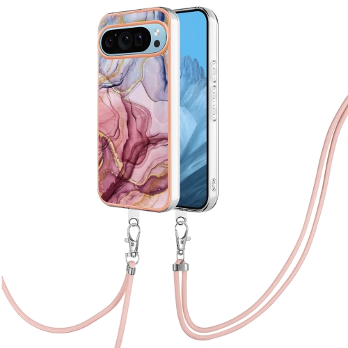 

For Google Pixel 9 Pro Electroplating Marble Dual-side IMD Phone Case with Lanyard(Rose Red 014)