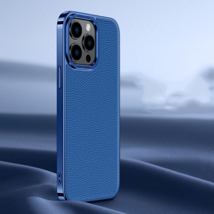 

For iPhone 13 Pro Max Litchi Texture Genuine Leather Phone Case(Blue)