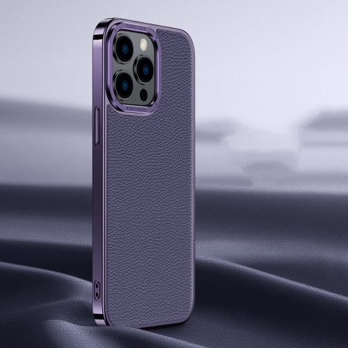 

For iPhone 12 Pro Max Litchi Texture Genuine Leather Phone Case(Purple)
