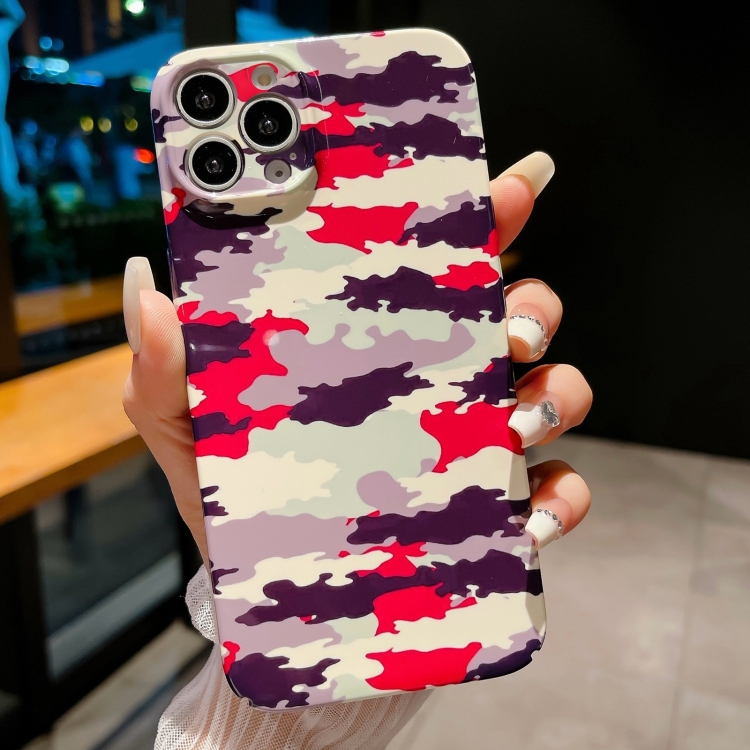 

For iPhone 14 Pro Precise Hole Camouflage Pattern PC Phone Case(Red Purple White)
