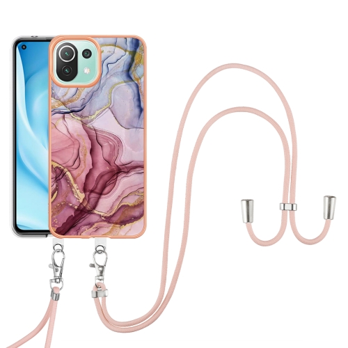 

For Xiaomi 11 Lite Electroplating Marble Dual-side IMD Phone Case with Lanyard(Rose Red 014)