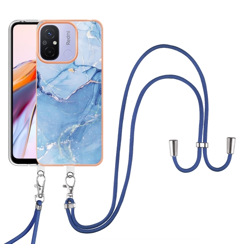 

For Xiaomi Redmi 12C / 11A 4G Global Electroplating Marble Dual-side IMD Phone Case with Lanyard(Blue 018)