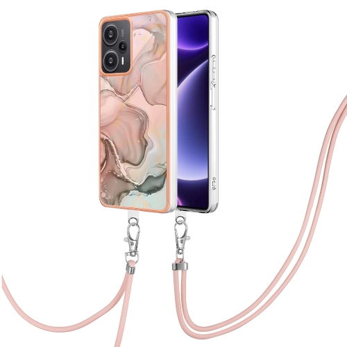 

For Xiaomi Poco F5 5G Electroplating Marble Dual-side IMD Phone Case with Lanyard(Rose Gold 015)