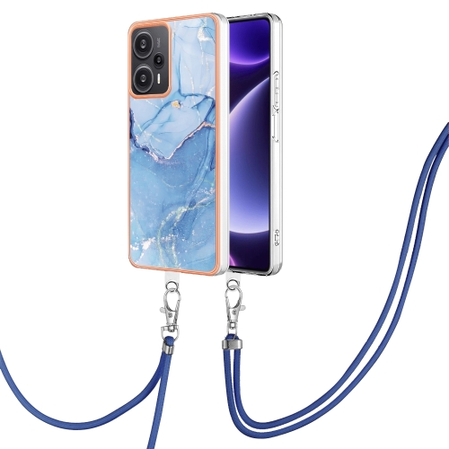 

For Xiaomi Poco F5 5G Electroplating Marble Dual-side IMD Phone Case with Lanyard(Blue 018)