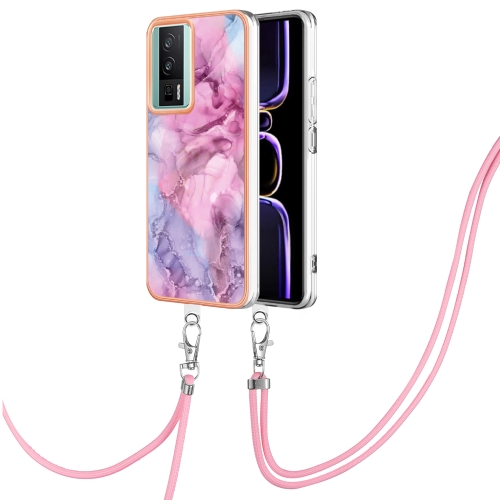 

For Xiaomi Poco F5 Pro 5G / Redmi K60 Electroplating Marble Dual-side IMD Phone Case with Lanyard(Pink 013)