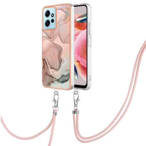 

For Xiaomi Redmi Note 12 4G Global Electroplating Marble Dual-side IMD Phone Case with Lanyard(Rose Gold 015)