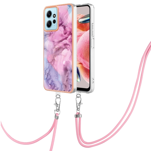 

For Xiaomi Redmi Note 12 4G Global Electroplating Marble Dual-side IMD Phone Case with Lanyard(Pink 013)
