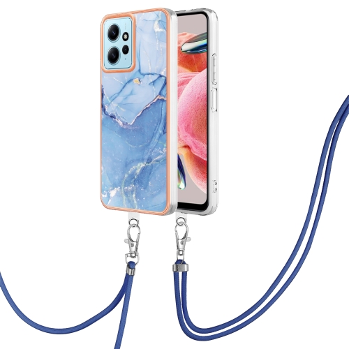 

For Xiaomi Redmi Note 12 4G Global Electroplating Marble Dual-side IMD Phone Case with Lanyard(Blue 018)