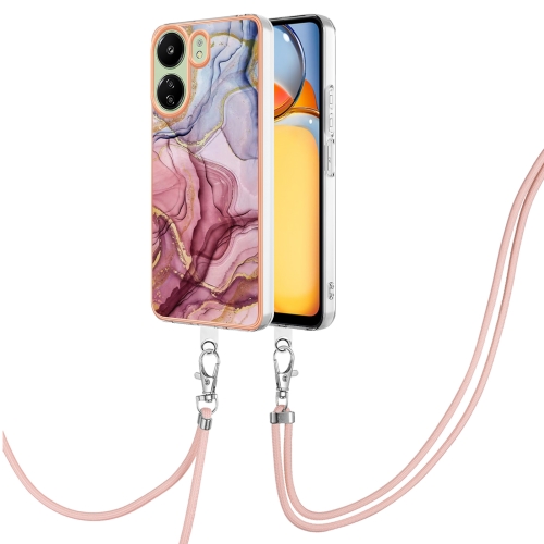 

For Xiaomi Redmi 13C 4G Electroplating Marble Dual-side IMD Phone Case with Lanyard(Rose Red 014)