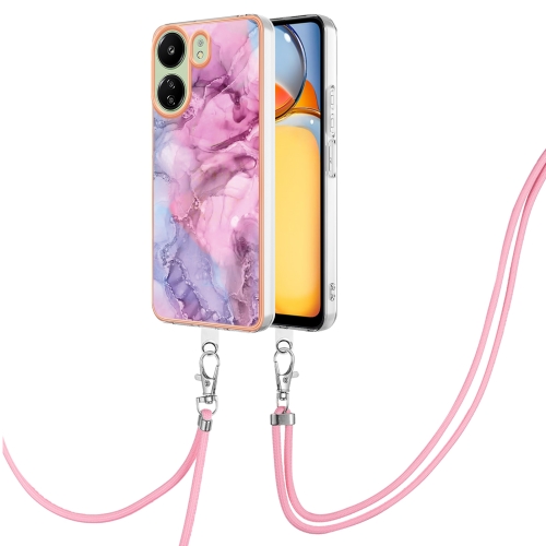 

For Xiaomi Redmi 13C 4G Electroplating Marble Dual-side IMD Phone Case with Lanyard(Pink 013)