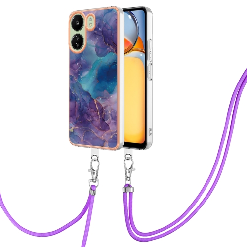 

For Xiaomi Redmi 13C 4G Electroplating Marble Dual-side IMD Phone Case with Lanyard(Purple 016)