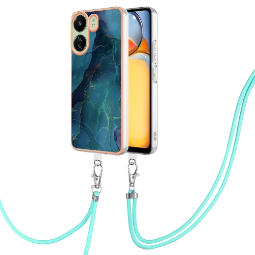 

For Xiaomi Redmi 13C 4G Electroplating Marble Dual-side IMD Phone Case with Lanyard(Green 017)