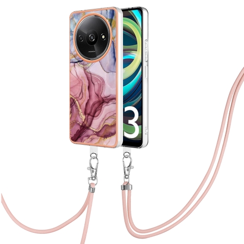 

For Xiaomi Redmi A3 Electroplating Marble Dual-side IMD Phone Case with Lanyard(Rose Red 014)