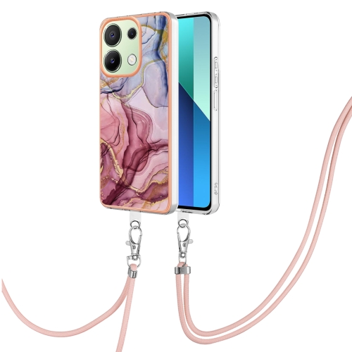 

For Xiaomi Redmi Note 13 4G Global Electroplating Marble Dual-side IMD Phone Case with Lanyard(Rose Red 014)