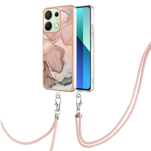 

For Xiaomi Redmi Note 13 4G Global Electroplating Marble Dual-side IMD Phone Case with Lanyard(Rose Gold 015)