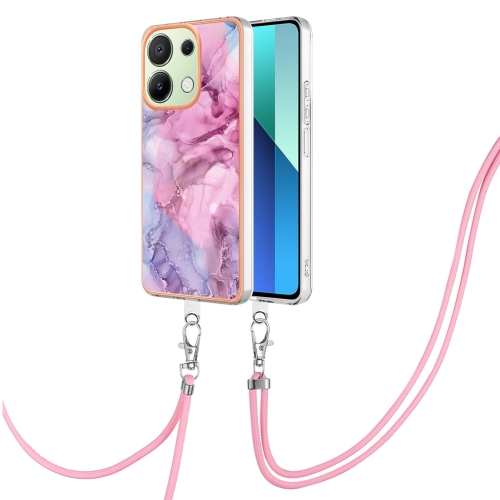 

For Xiaomi Redmi Note 13 4G Global Electroplating Marble Dual-side IMD Phone Case with Lanyard(Pink 013)