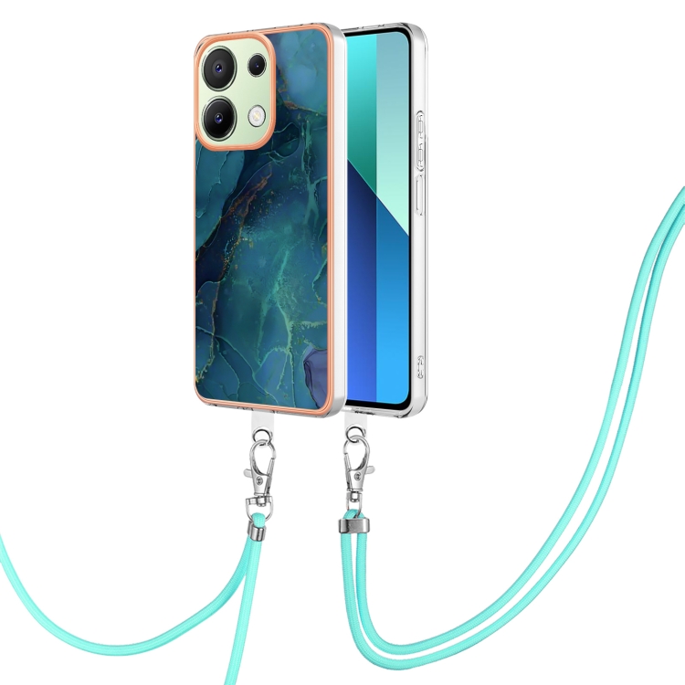 

For Xiaomi Redmi Note 13 4G Global Electroplating Marble Dual-side IMD Phone Case with Lanyard(Green 017)
