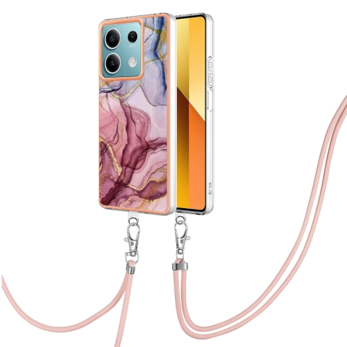 

For Xiaomi Redmi Note 13 5G Global Electroplating Marble Dual-side IMD Phone Case with Lanyard(Rose Red 014)