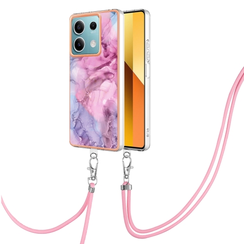 

For Xiaomi Redmi Note 13 5G Global Electroplating Marble Dual-side IMD Phone Case with Lanyard(Pink 013)