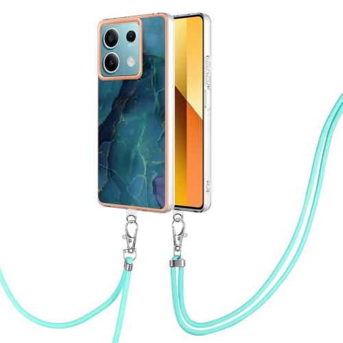 

For Xiaomi Redmi Note 13 5G Global Electroplating Marble Dual-side IMD Phone Case with Lanyard(Green 017)