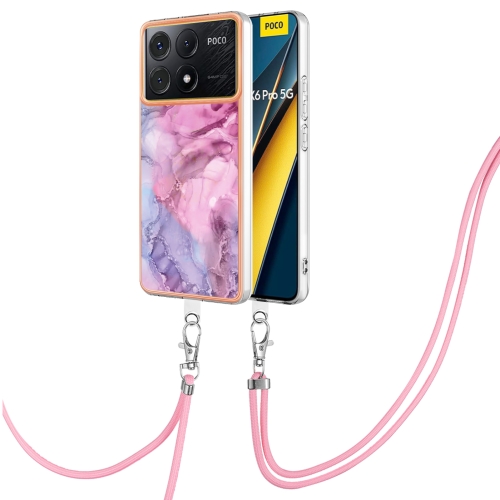 

For Xiaomi Redmi K70E Electroplating Marble Dual-side IMD Phone Case with Lanyard(Pink 013)