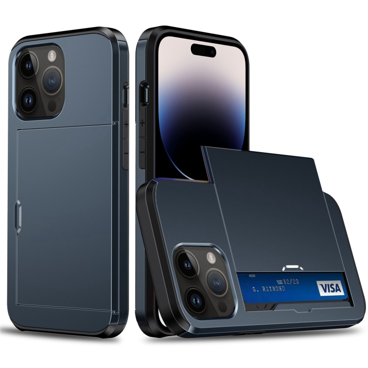 

For iPhone 15 Pro Shockproof Armor Phone Case with Slide Card Slot(Dark Blue)
