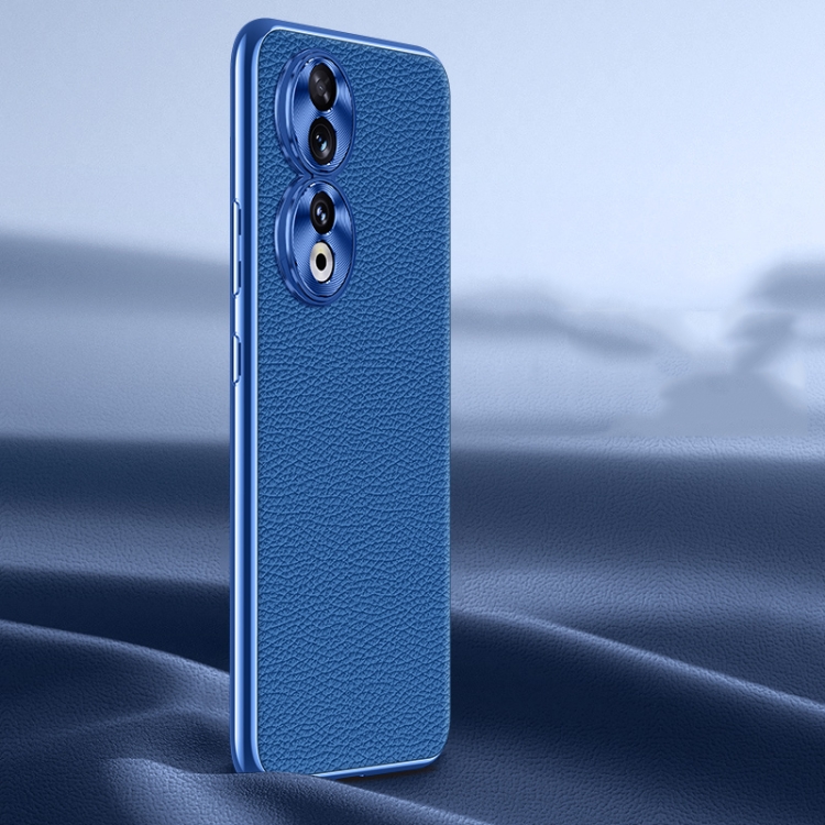 

For Honor 90 Litchi Texture Genuine Leather Phone Case(Blue)
