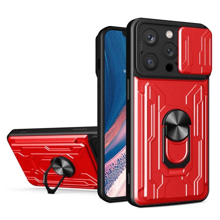 

For iPhone 15 Pro Max Sliding Camshield TPU+PC Phone Case with Card Slot(Red)