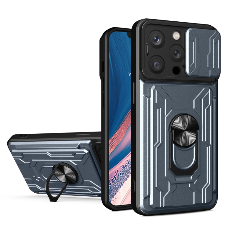 

For iPhone 15 Pro Max Sliding Camshield TPU+PC Phone Case with Card Slot(Grey)