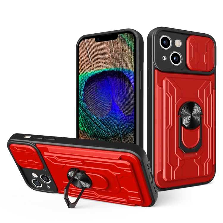 

For iPhone 15 Plus Sliding Camshield TPU+PC Phone Case with Card Slot(Red)