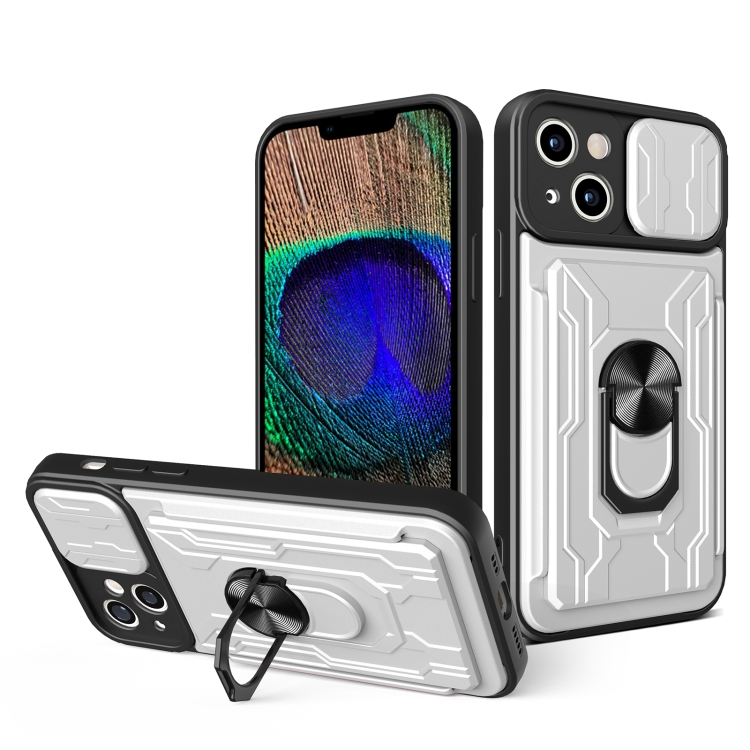 

For iPhone 15 Plus Sliding Camshield TPU+PC Phone Case with Card Slot(White)
