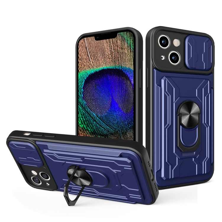 

For iPhone 15 Sliding Camshield TPU+PC Phone Case with Card Slot(Blue)