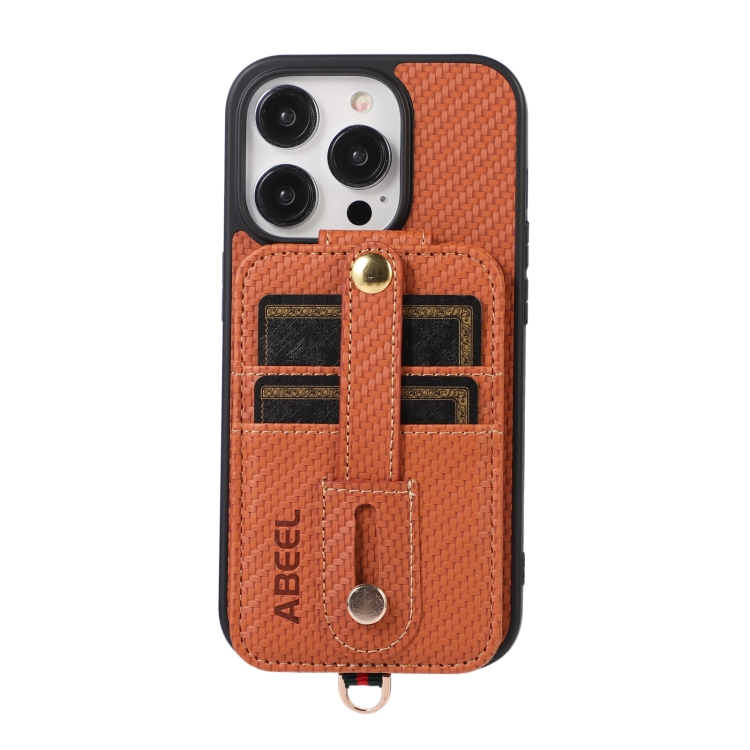 

For iPhone 13 Pro ABEEL Carbon Fiber RFID Card Holder Phone Case(Brown)